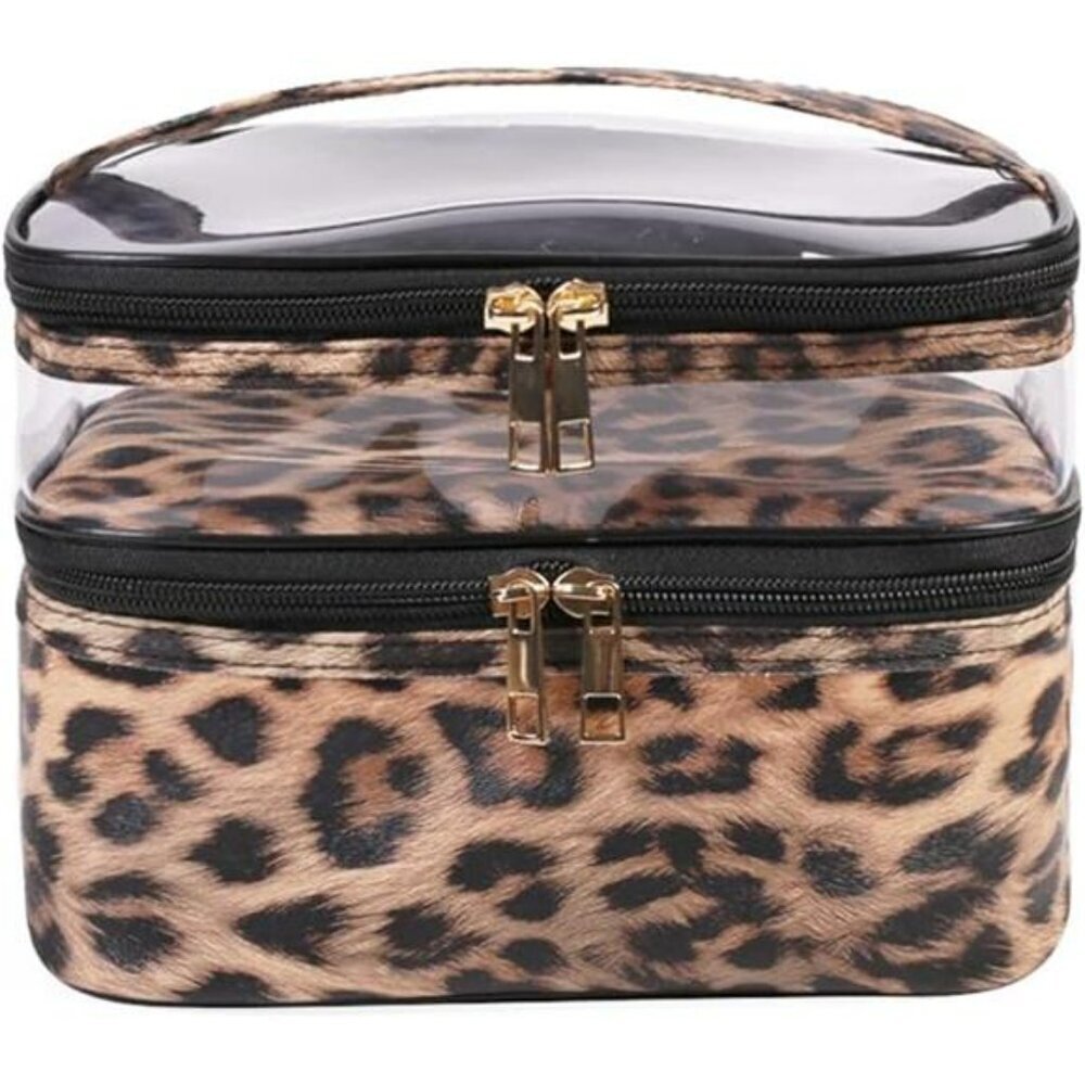Leopard Makeup Bag Double Layer Travel Toiletry Organizer Cosmetic Case Women - Picture 7 of 7